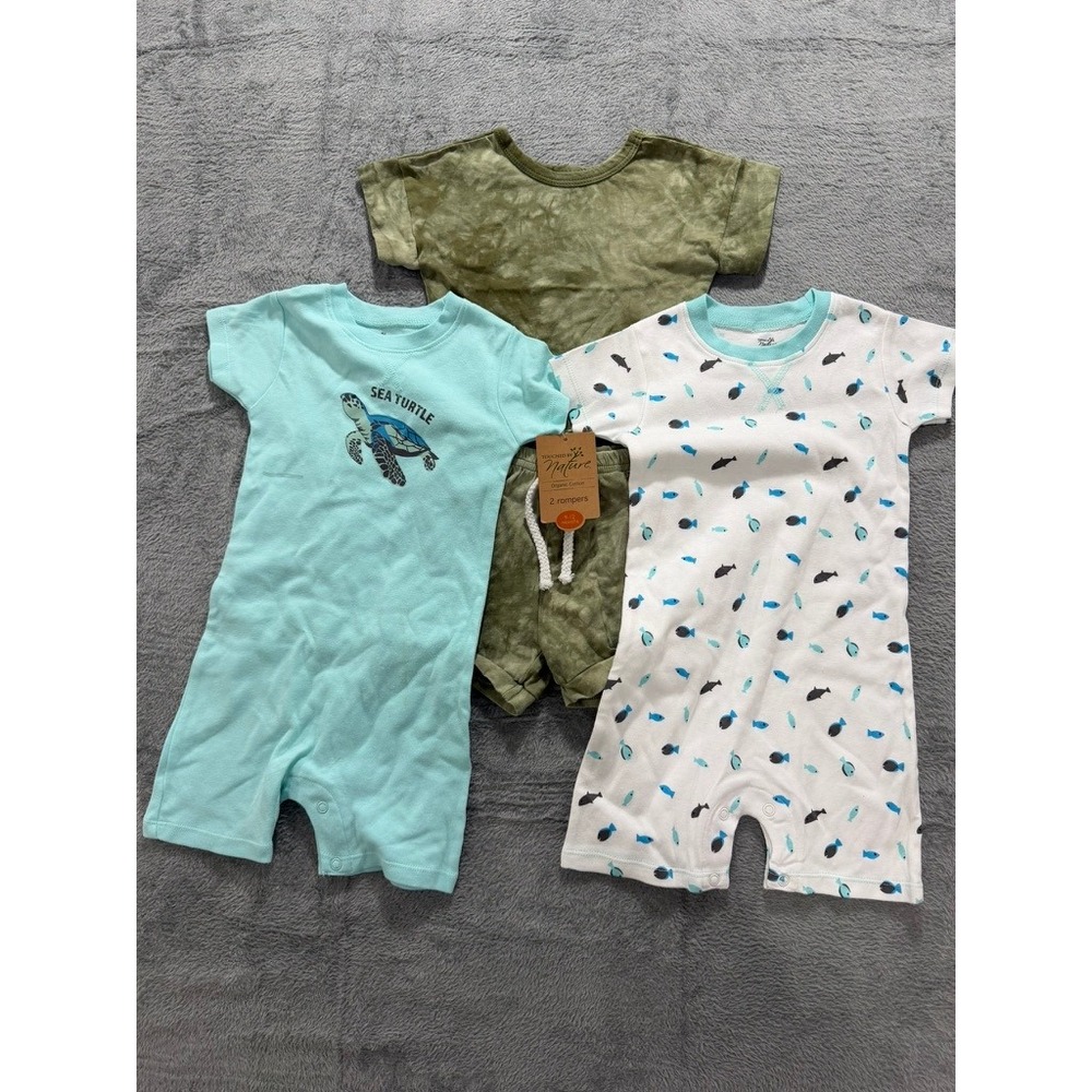Touched by Nature Baby Boy Organic Cotton Romper & Short Set 9-12M SeaTurtle 3pc